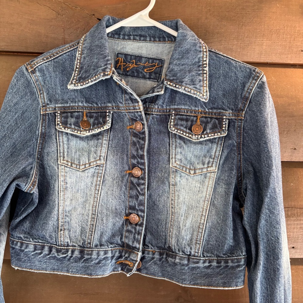 Blue Denim Cropped Jacket Rhinestone Trim Size L Girls Y2K McBling